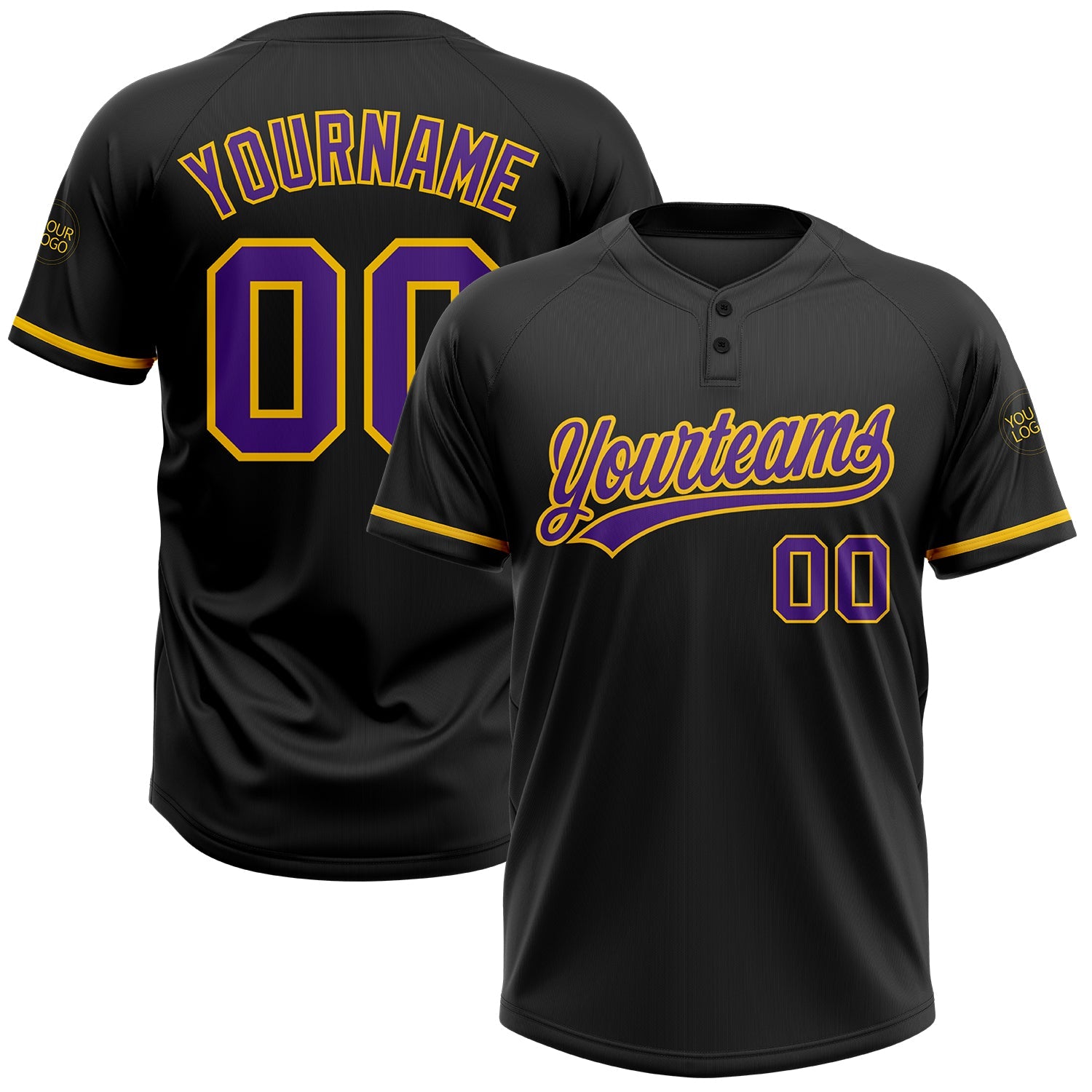 Custom Black Purple-Yellow Two-Button Unisex Softball Jersey - Main View