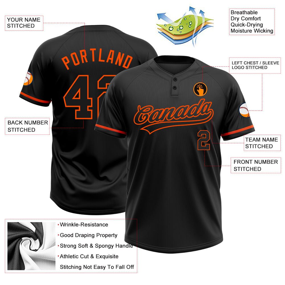 Custom Black Black-Orange Two-Button Unisex Softball Jersey view 3