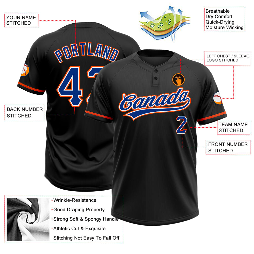 Custom Black Royal-Orange Two-Button Unisex Softball Jersey view 3