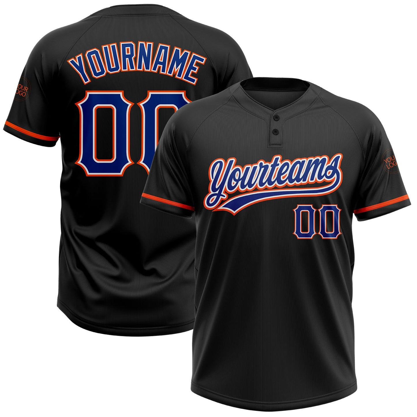 Custom Black Royal-Orange Two-Button Unisex Softball Jersey - Main View