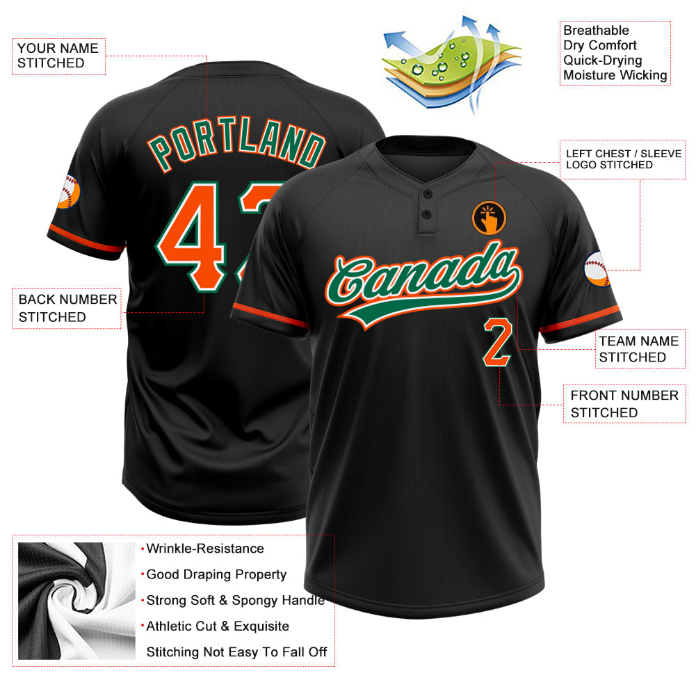 Custom Black Orange-Kelly Green Two-Button Unisex Softball Jersey view 3