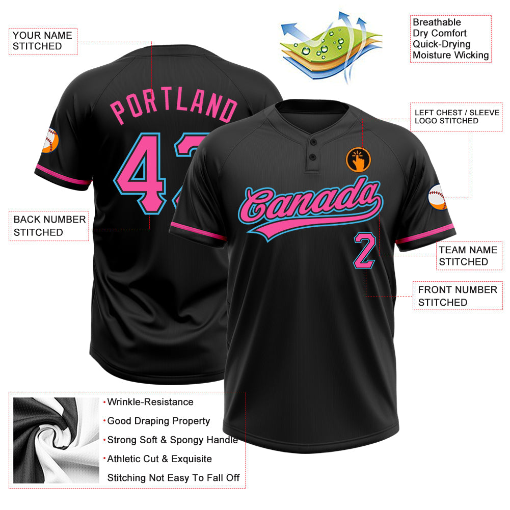 Custom Black Pink-Sky Blue Two-Button Unisex Softball Jersey view 4