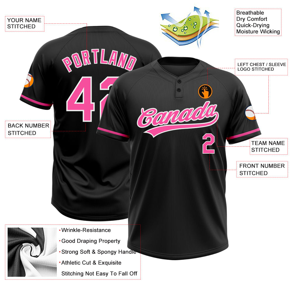 Custom Black Pink-White Two-Button Unisex Softball Jersey view 3