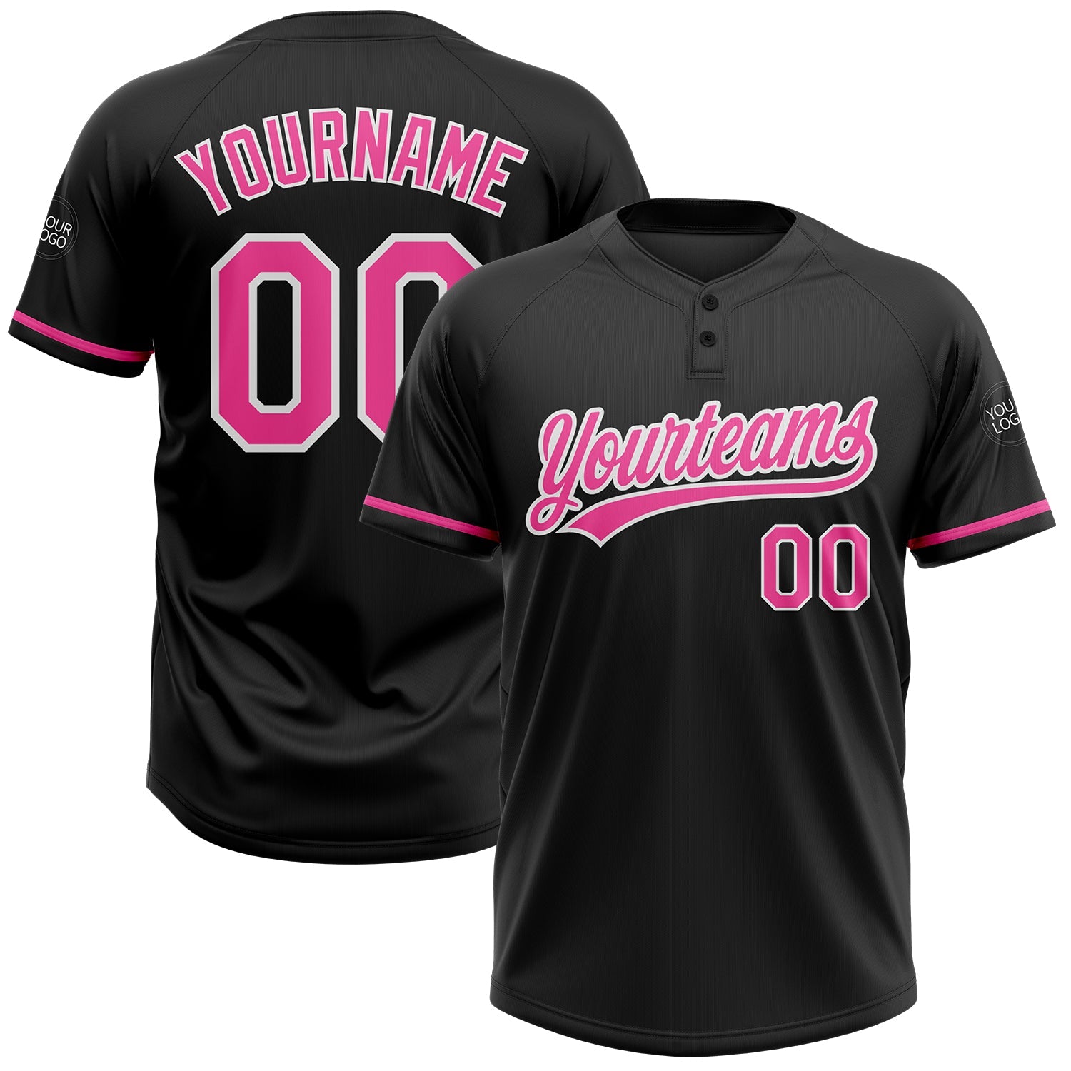 Custom Black Pink-White Two-Button Unisex Softball Jersey - Main View