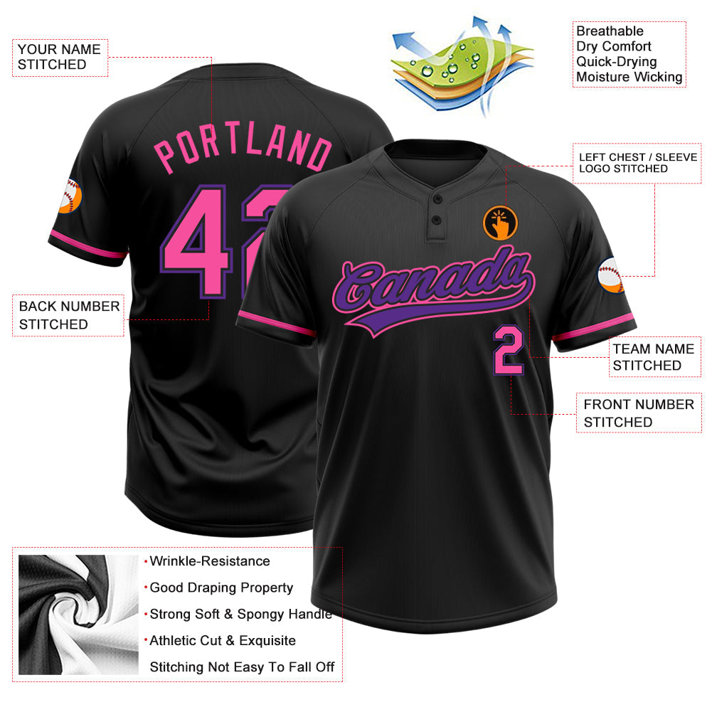 Custom Black Pink-Purple Two-Button Unisex Softball Jersey view 3