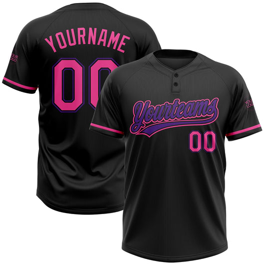 Custom Black Pink-Purple Two-Button Unisex Softball Jersey - Main View