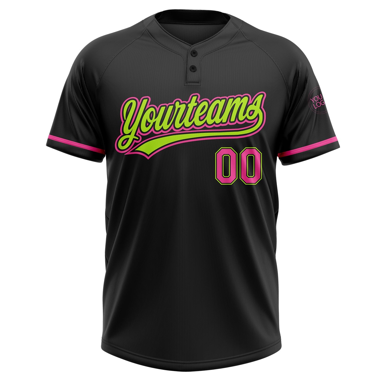 Custom Black Pink-Neon Green Two-Button Unisex Softball Jersey view 3
