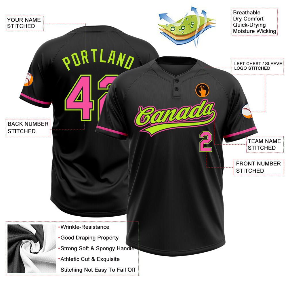 Custom Black Pink-Neon Green Two-Button Unisex Softball Jersey view 4