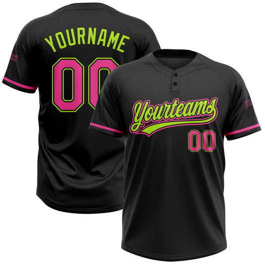 Custom Black Pink-Neon Green Two-Button Unisex Softball Jersey - Main View