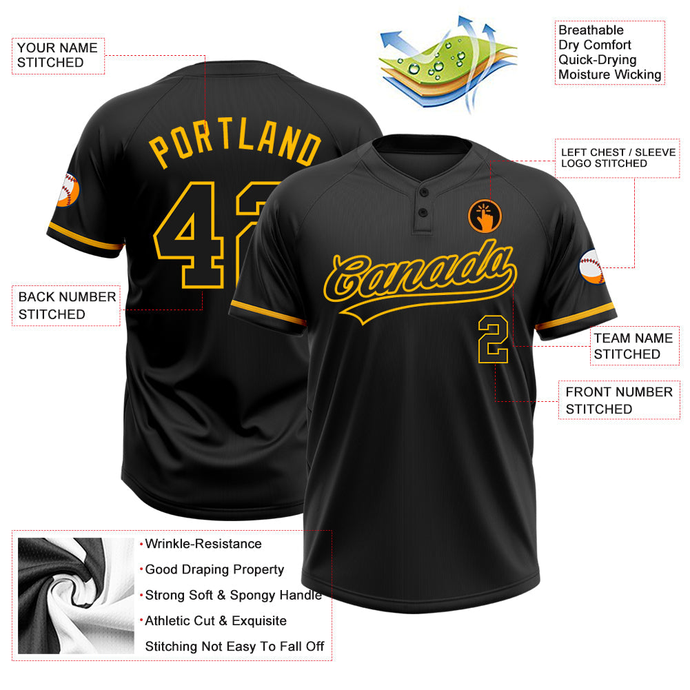 Custom Black Black-Gold Two-Button Unisex Softball Jersey view 3