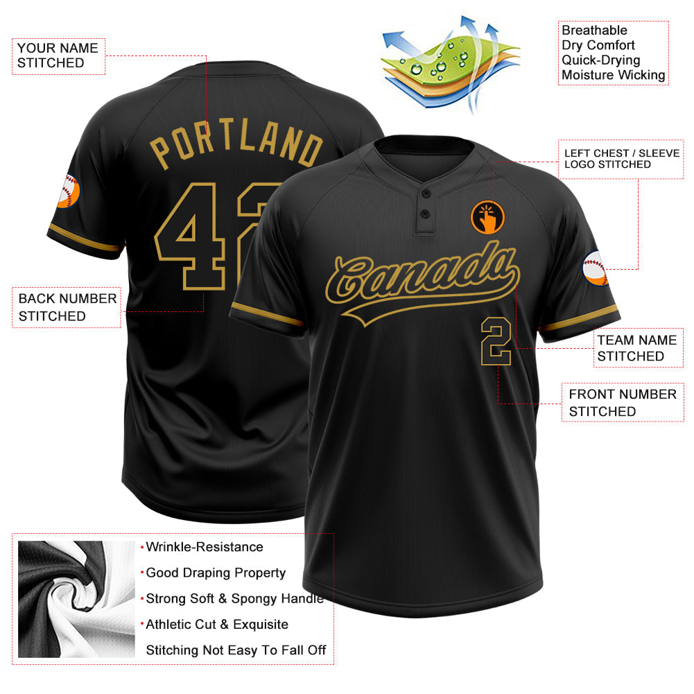 Custom Black Black-Old Gold Two-Button Unisex Softball Jersey view 3