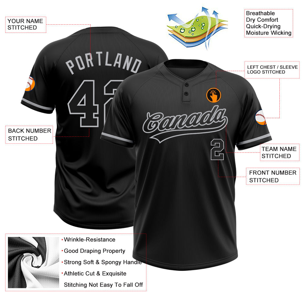 Custom Black Black-Gray Two-Button Unisex Softball Jersey view 3