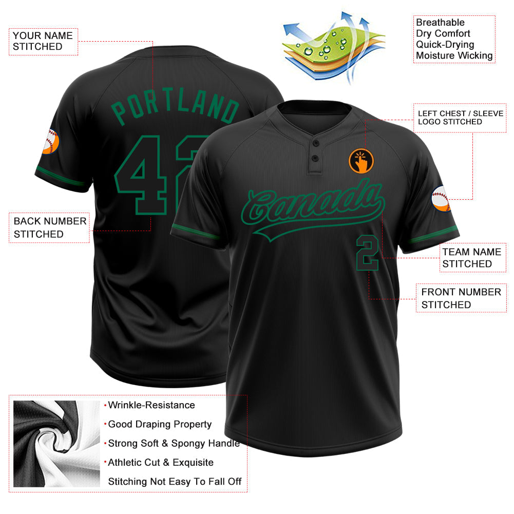 Custom Black Black-Kelly Green Two-Button Unisex Softball Jersey view 3