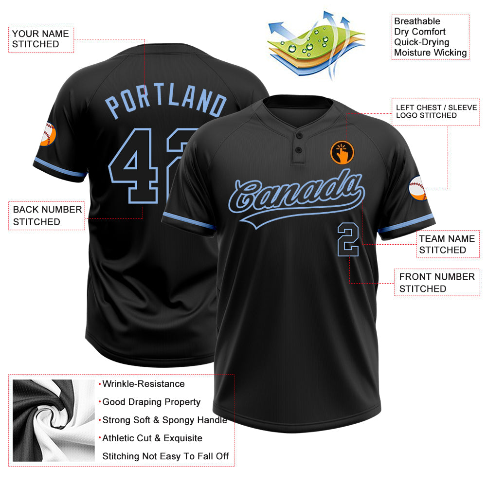 Custom Black Black-Light Blue Two-Button Unisex Softball Jersey view 3