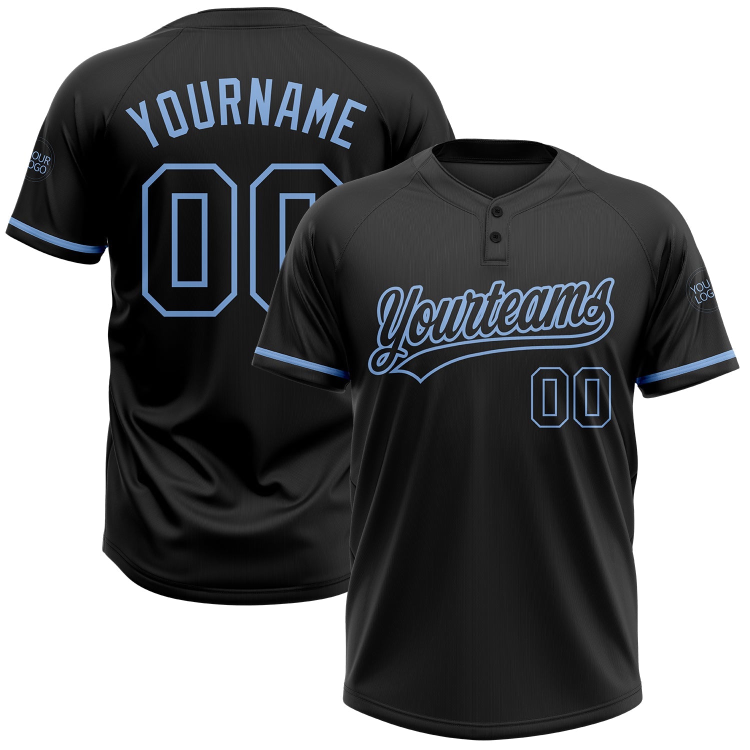 Custom Black Black-Light Blue Two-Button Unisex Softball Jersey - Main View