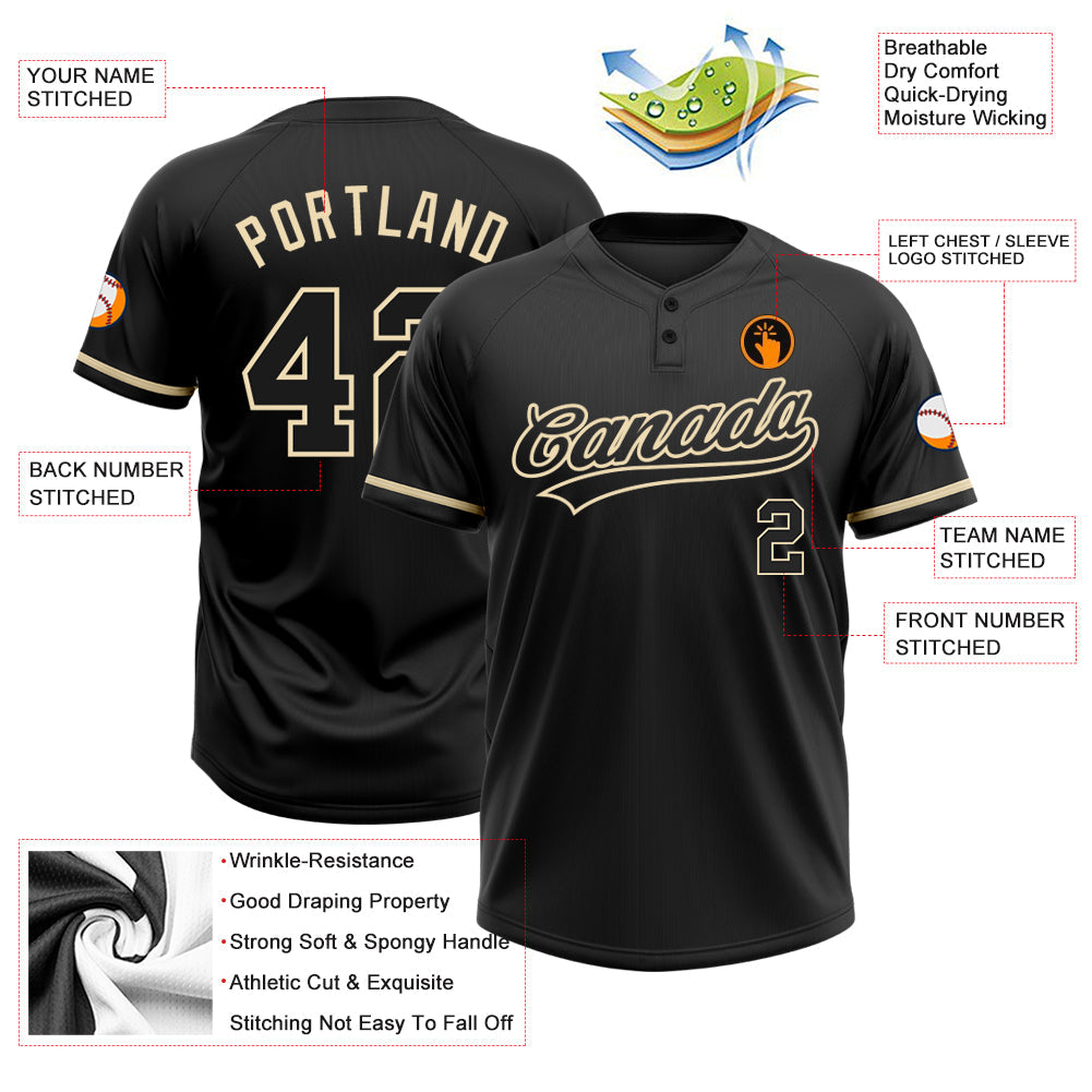Custom Black Black-City Cream Two-Button Unisex Softball Jersey view 3