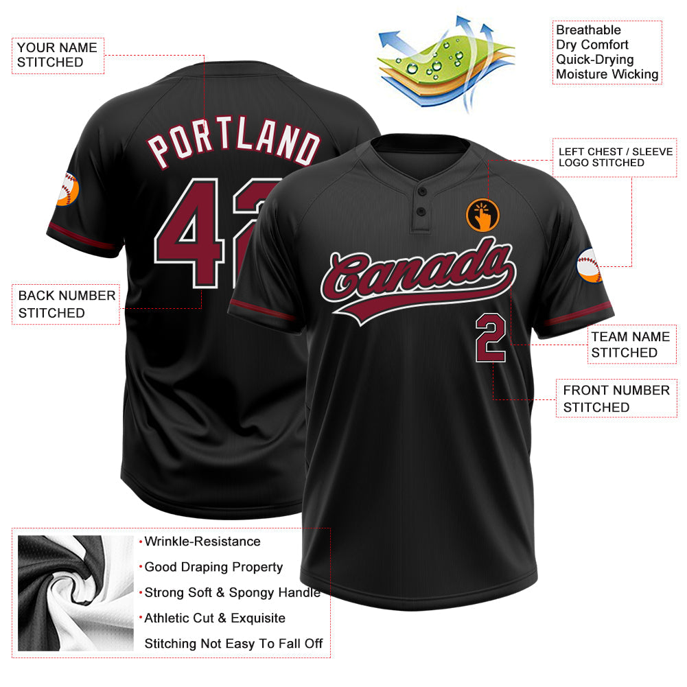 Custom Black Crimson-White Two-Button Unisex Softball Jersey view 3