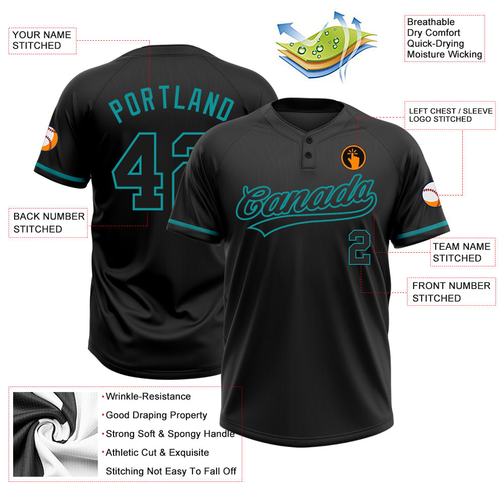 Custom Black Black-Teal Two-Button Unisex Softball Jersey view 3