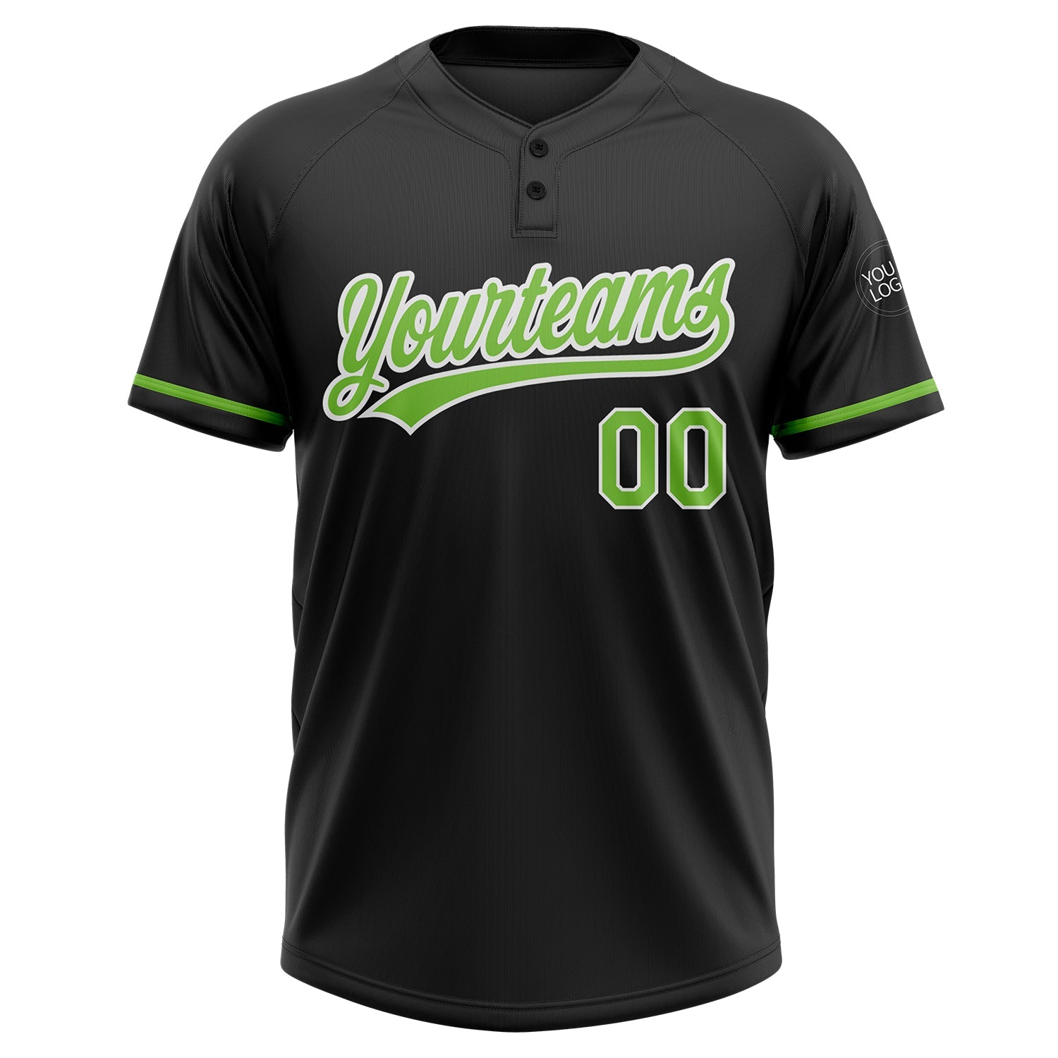 Custom Black Neon Green-White Two-Button Unisex Softball Jersey view 2