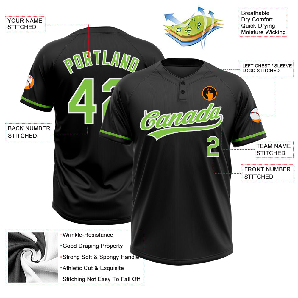 Custom Black Neon Green-White Two-Button Unisex Softball Jersey view 3