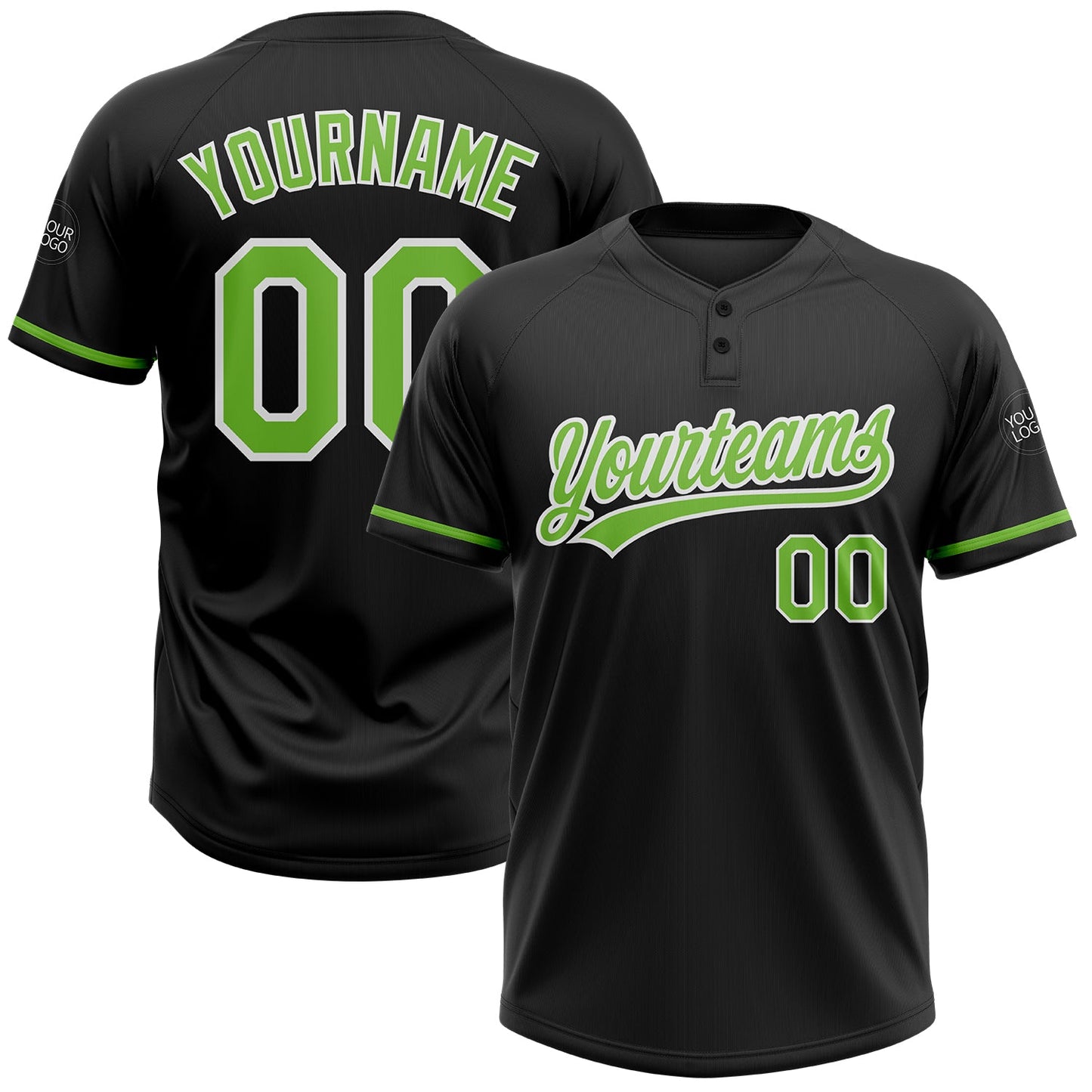 Custom Black Neon Green-White Two-Button Unisex Softball Jersey - Main View