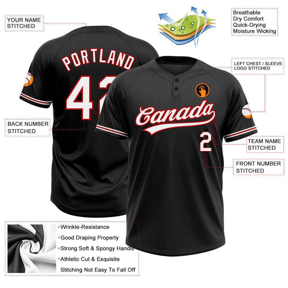 Custom Black White-Red Two-Button Unisex Softball Jersey view 3