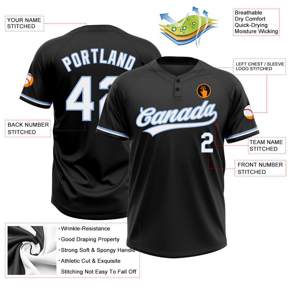 Custom Black White-Light Blue Two-Button Unisex Softball Jersey view 3