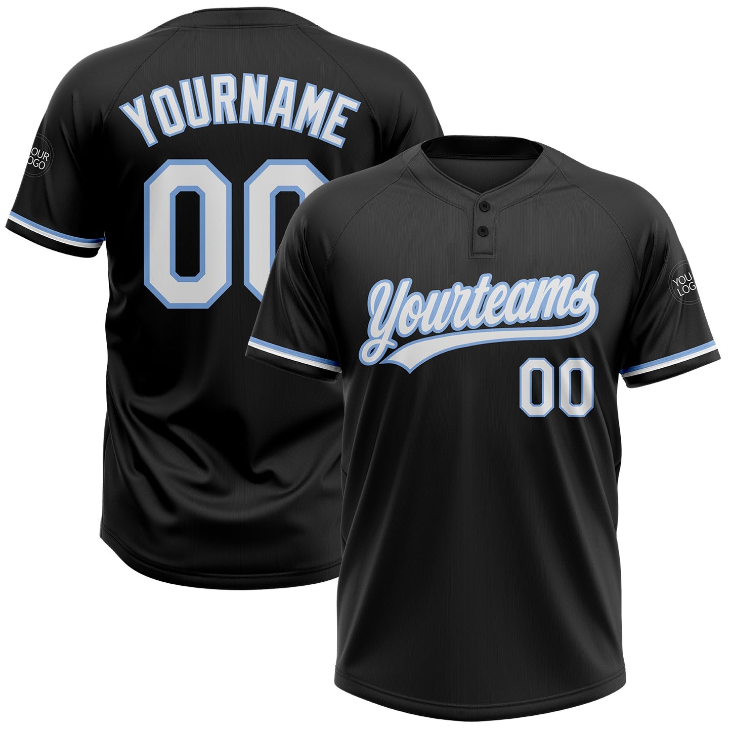 Custom Black White-Light Blue Two-Button Unisex Softball Jersey - Main View
