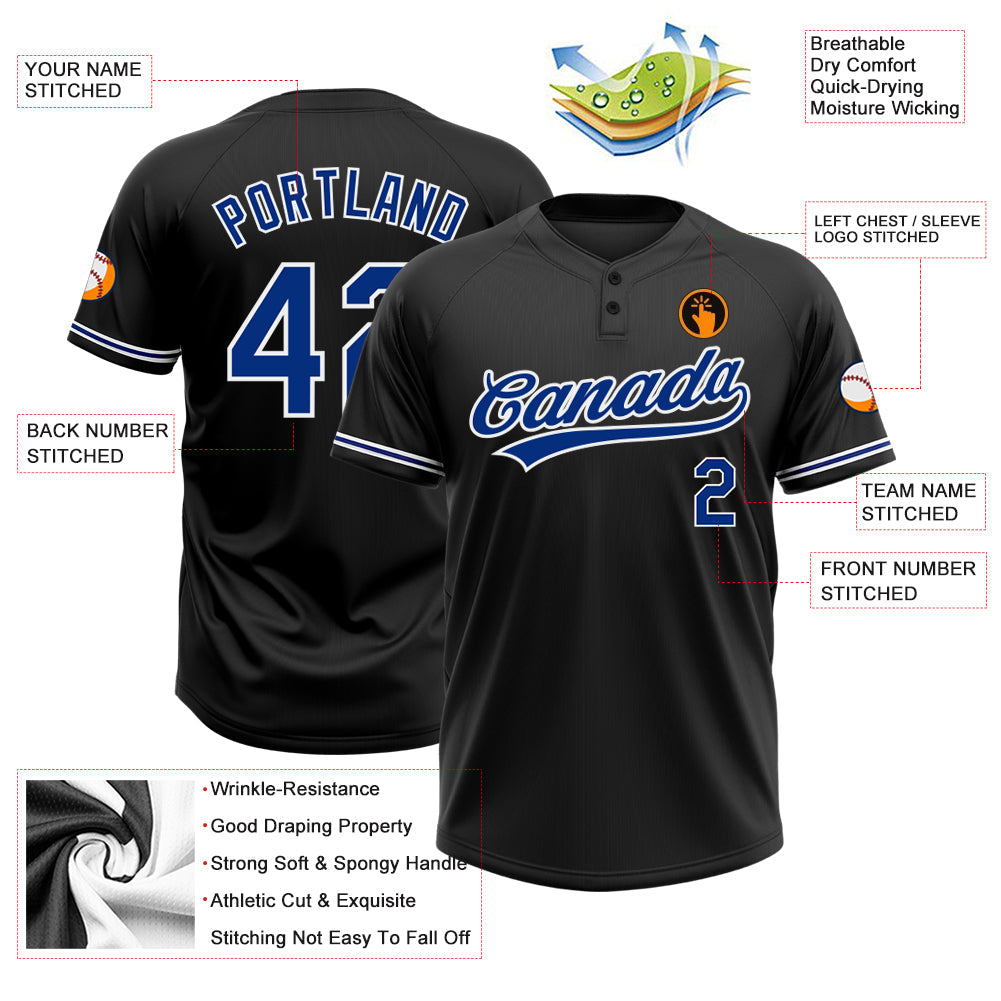 Custom Black Royal-White Two-Button Unisex Softball Jersey view 3