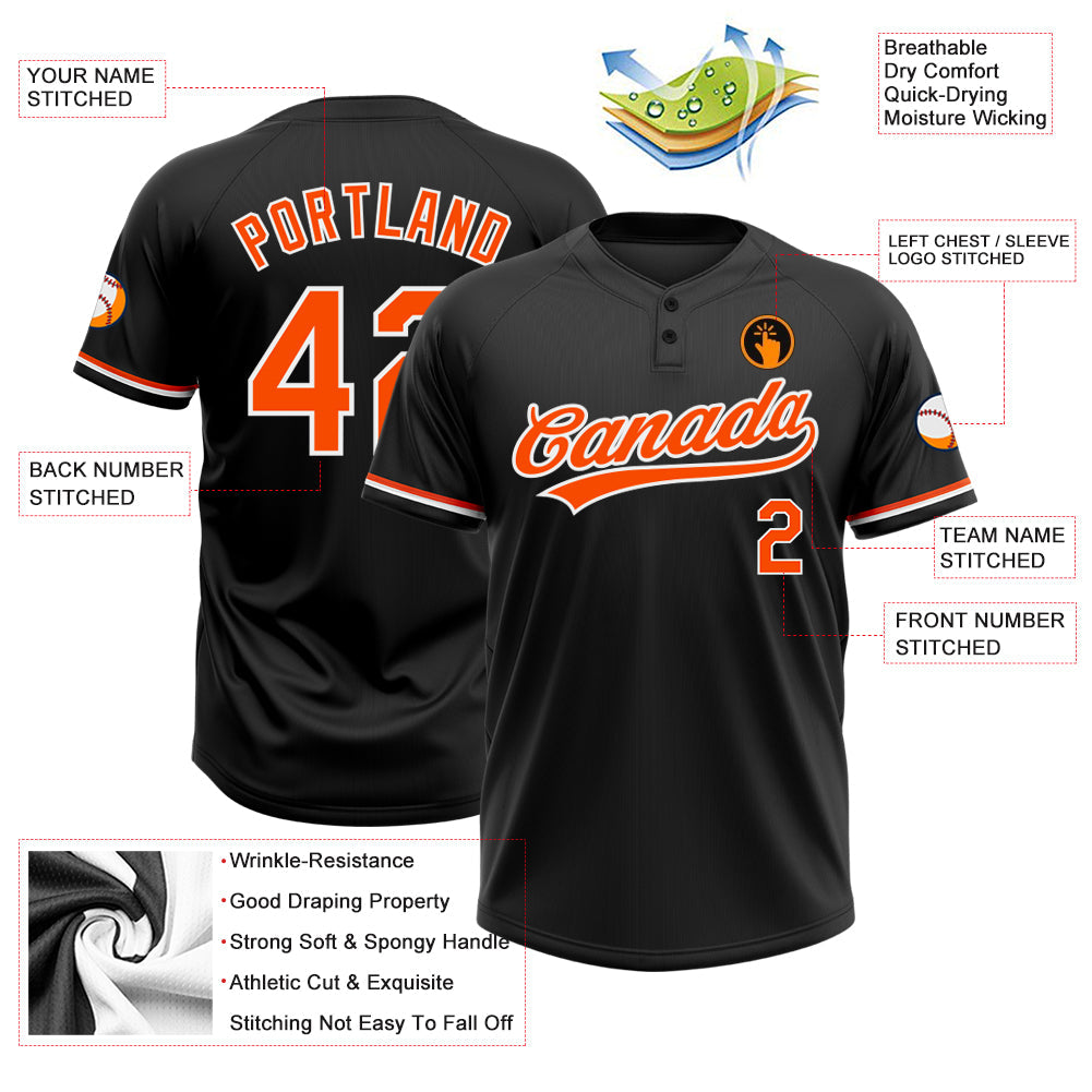 Custom Black Orange-White Two-Button Unisex Softball Jersey view 3