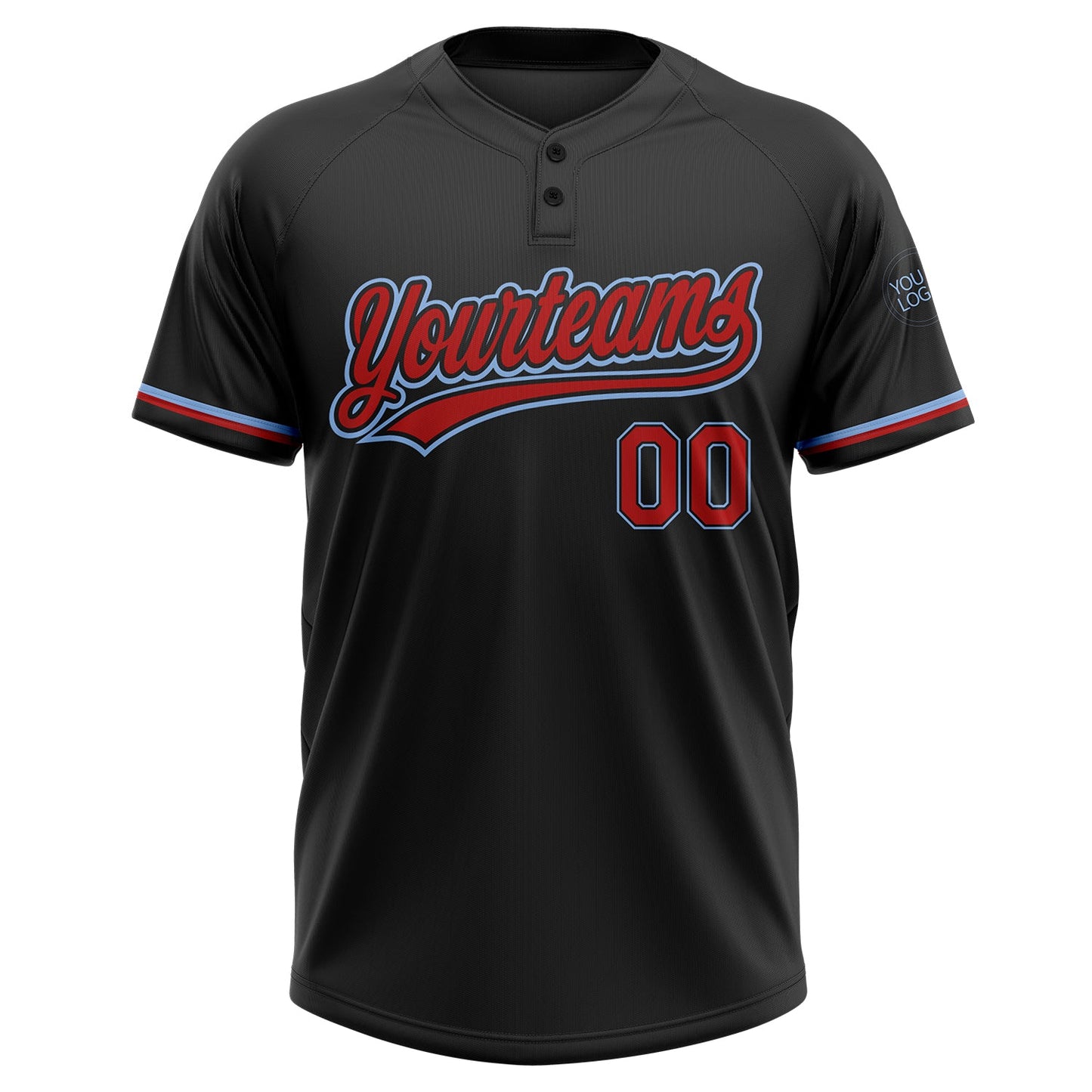 Custom Black Red-Light Blue Two-Button Unisex Softball Jersey view 2