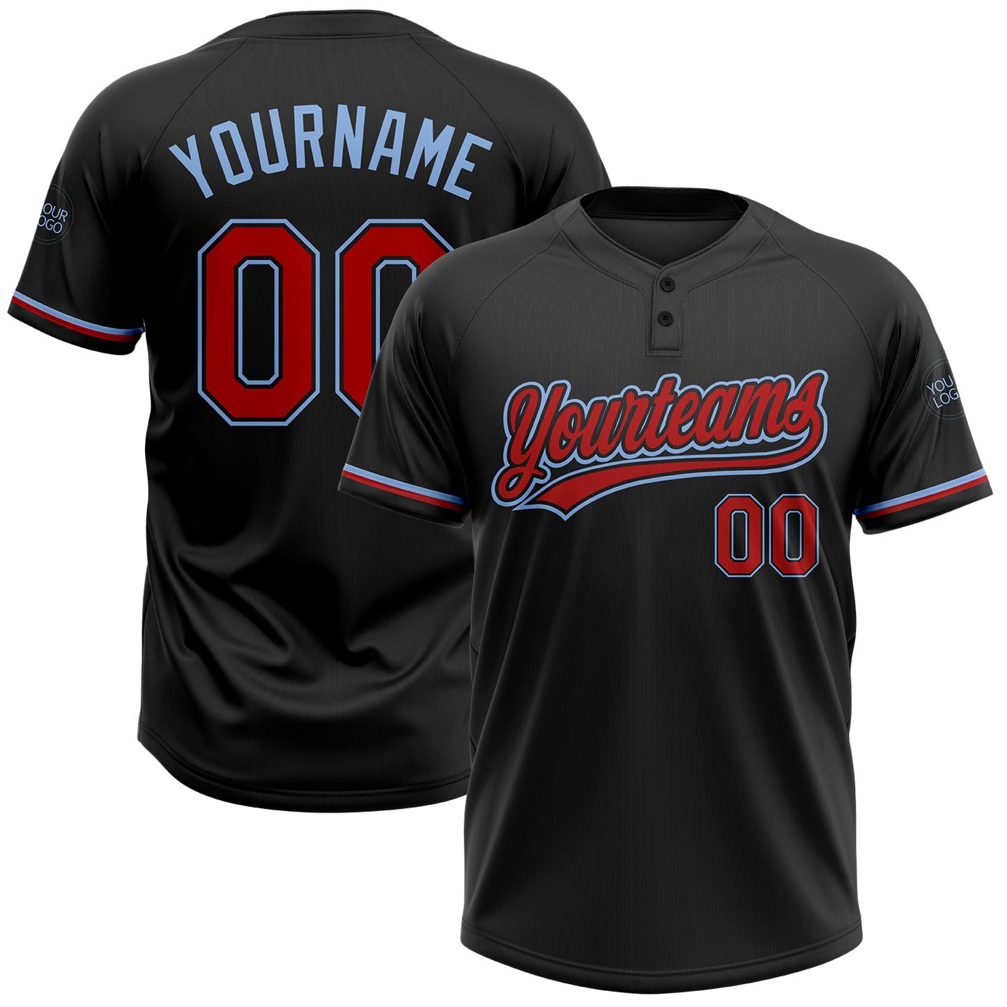 Custom Black Red-Light Blue Two-Button Unisex Softball Jersey - Main View