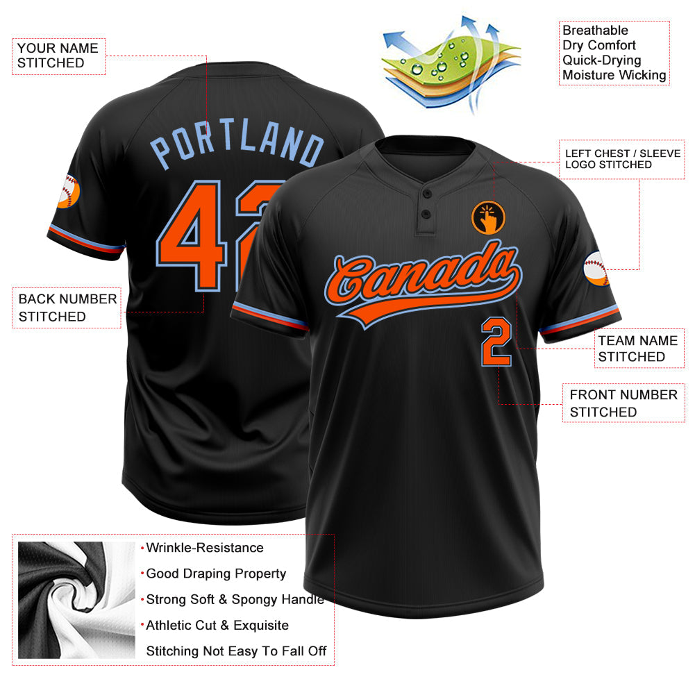 Custom Black Orange-Light Blue Two-Button Unisex Softball Jersey view 3