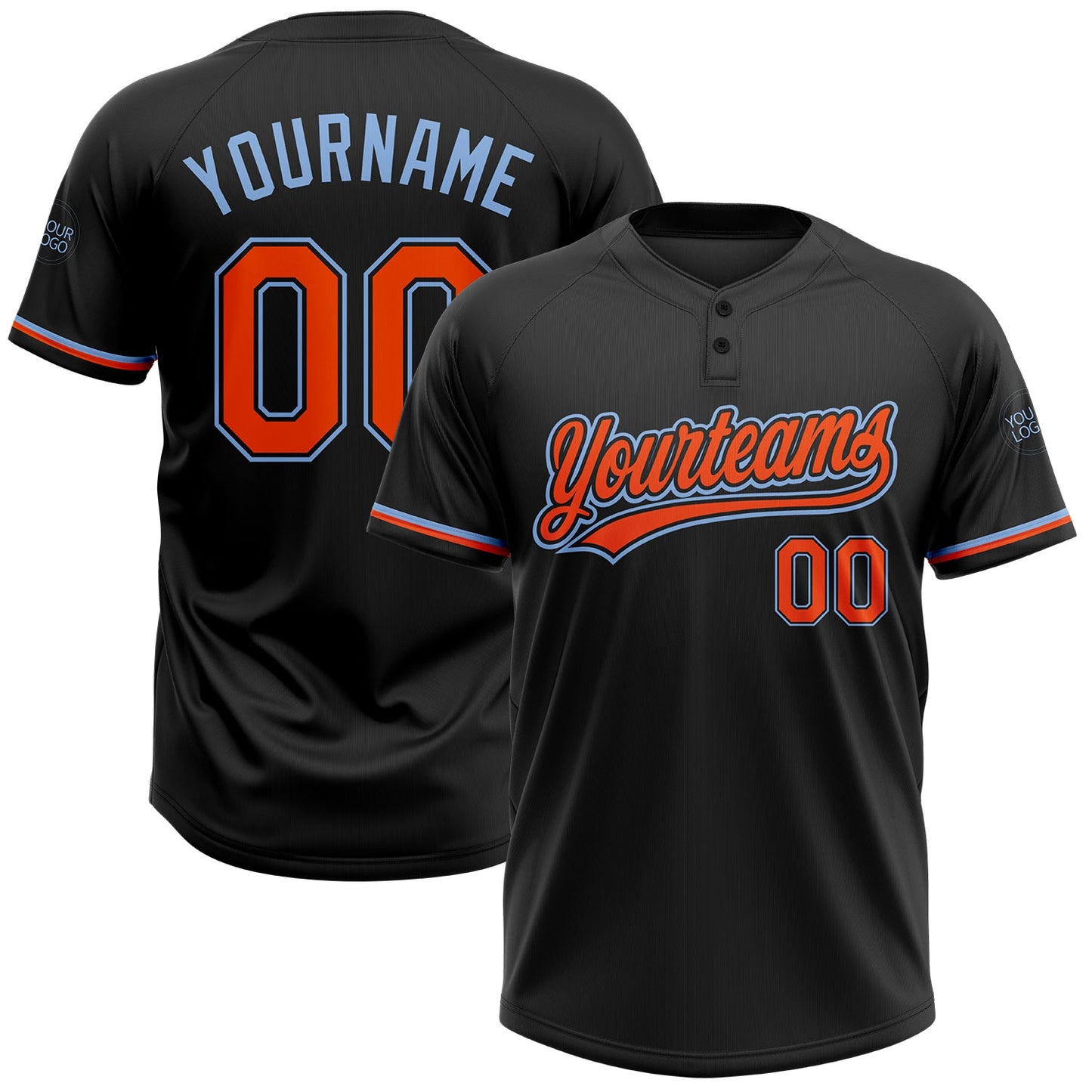 Custom Black Orange-Light Blue Two-Button Unisex Softball Jersey - Main View