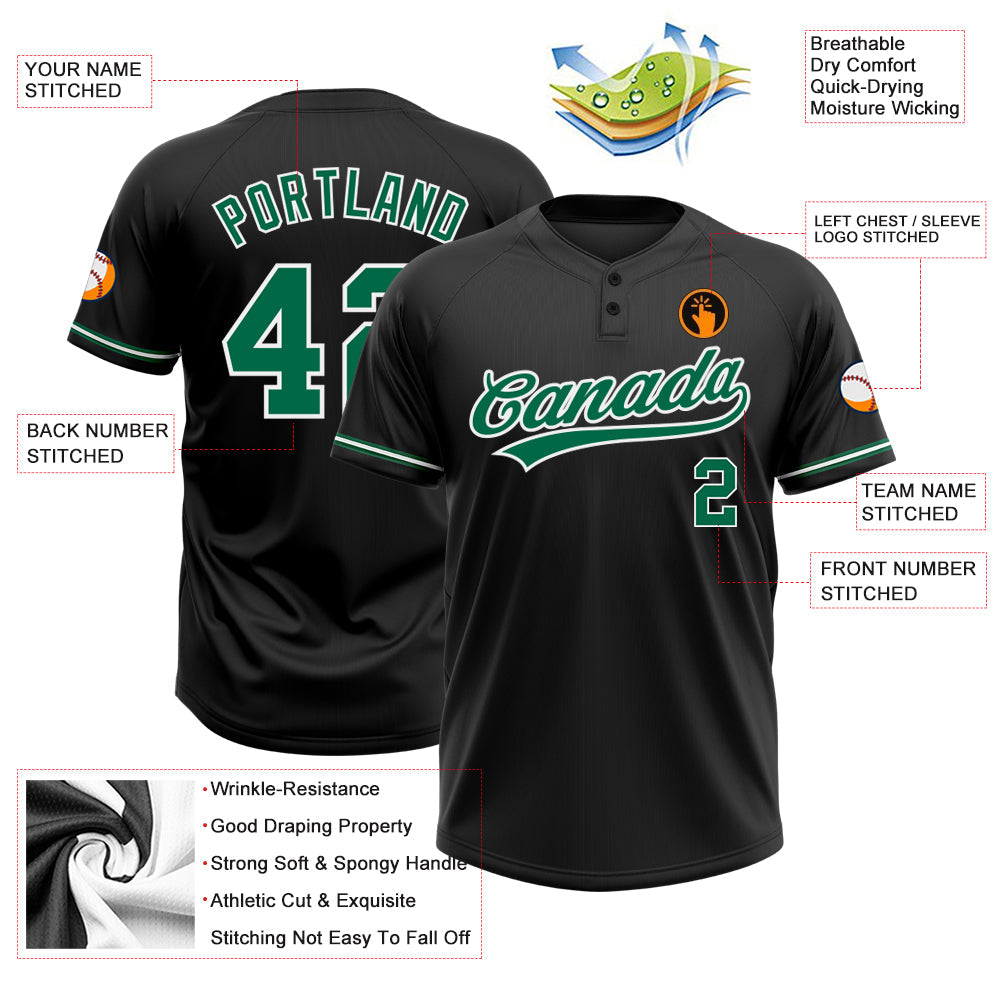 Custom Black Kelly Green-White Two-Button Unisex Softball Jersey view 3