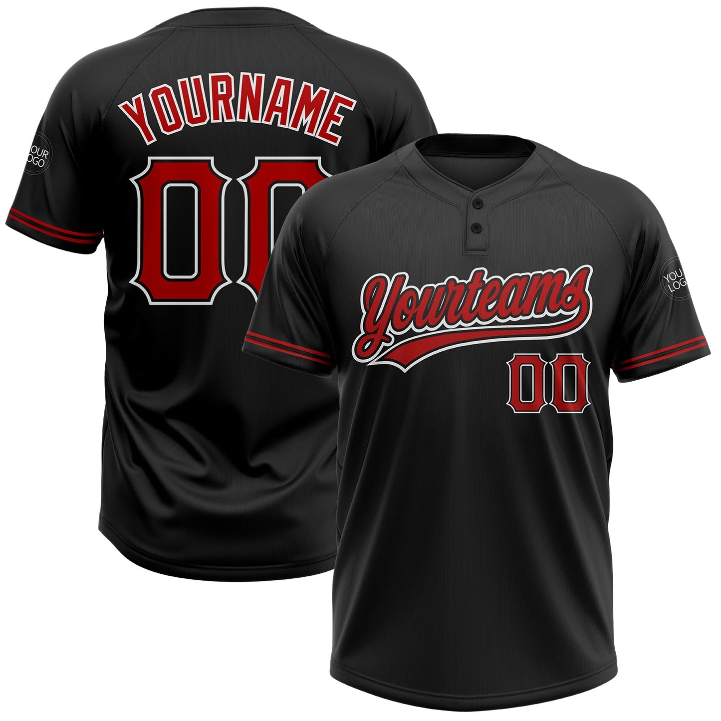 Custom Black Red-White Two-Button Unisex Softball Jersey - Main View