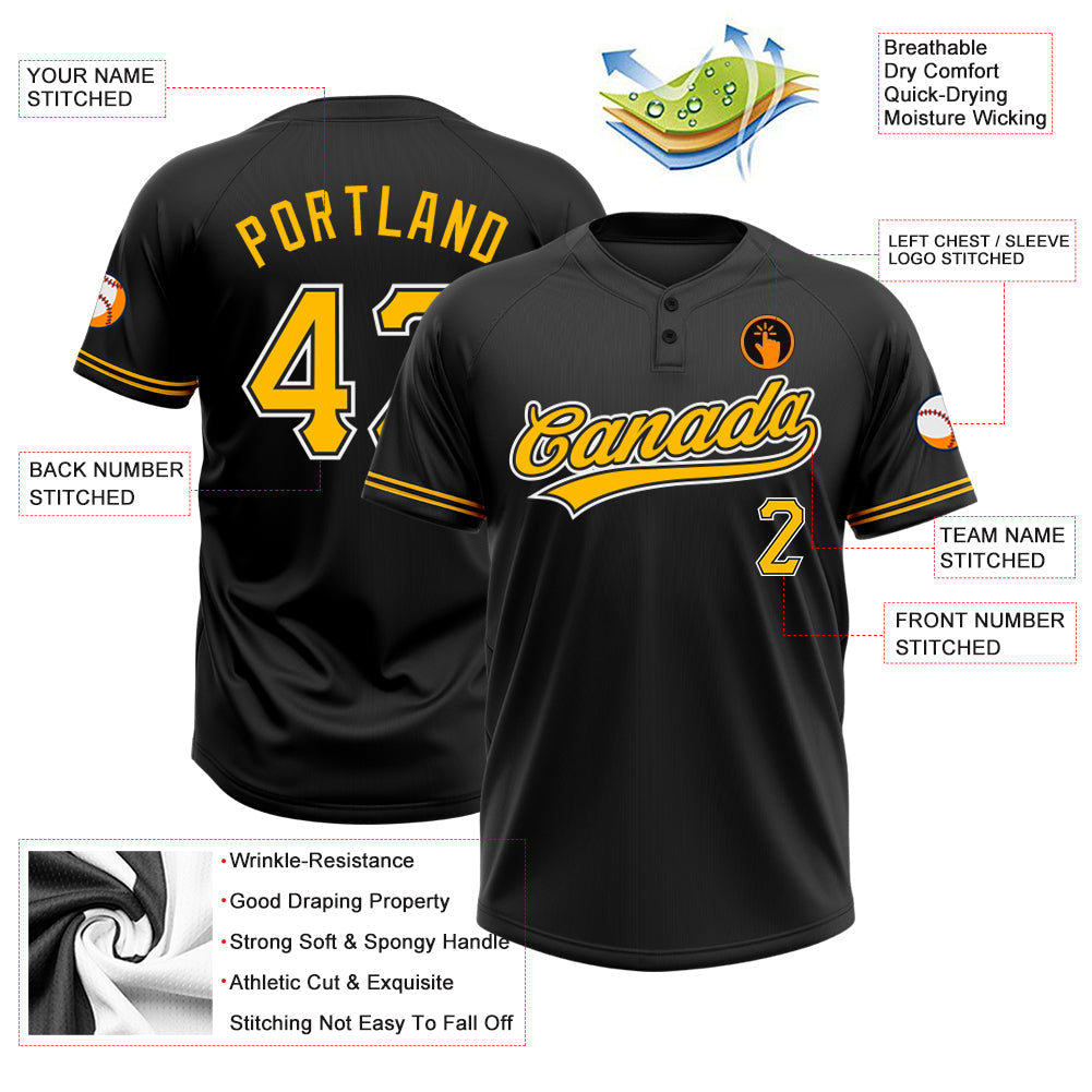 Custom Black Gold-White Two-Button Unisex Softball Jersey view 3
