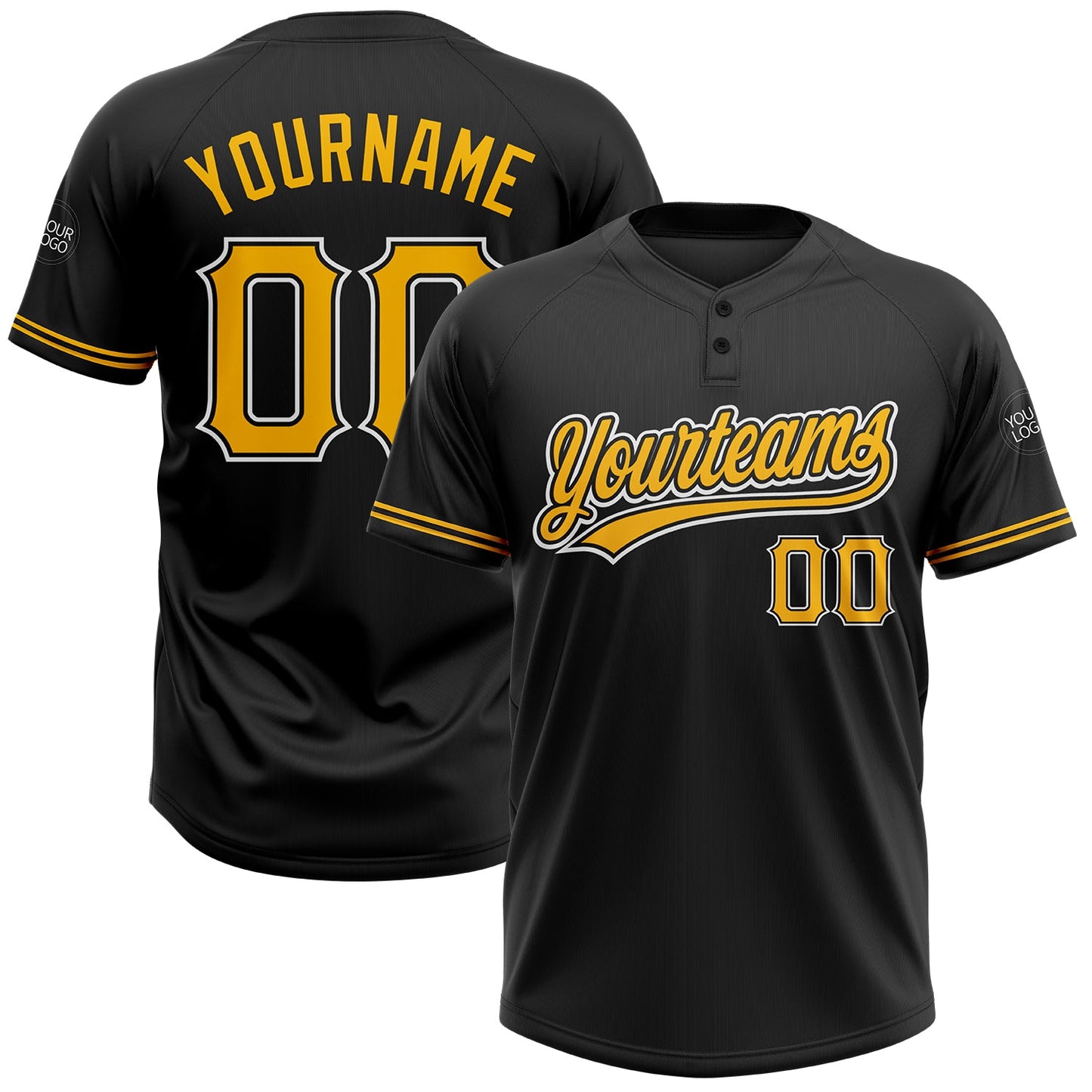 Custom Black Gold-White Two-Button Unisex Softball Jersey - Main View
