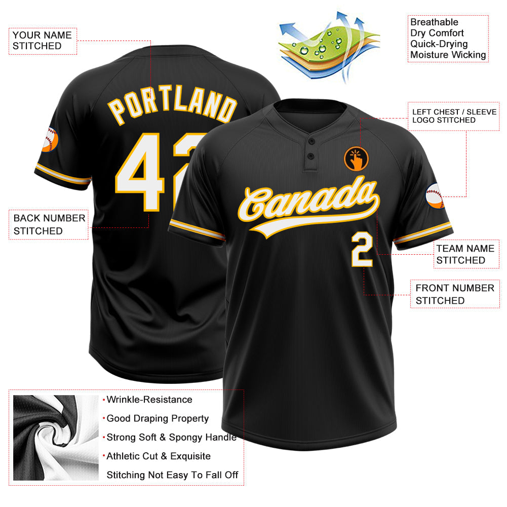Custom Black White-Gold Two-Button Unisex Softball Jersey view 3