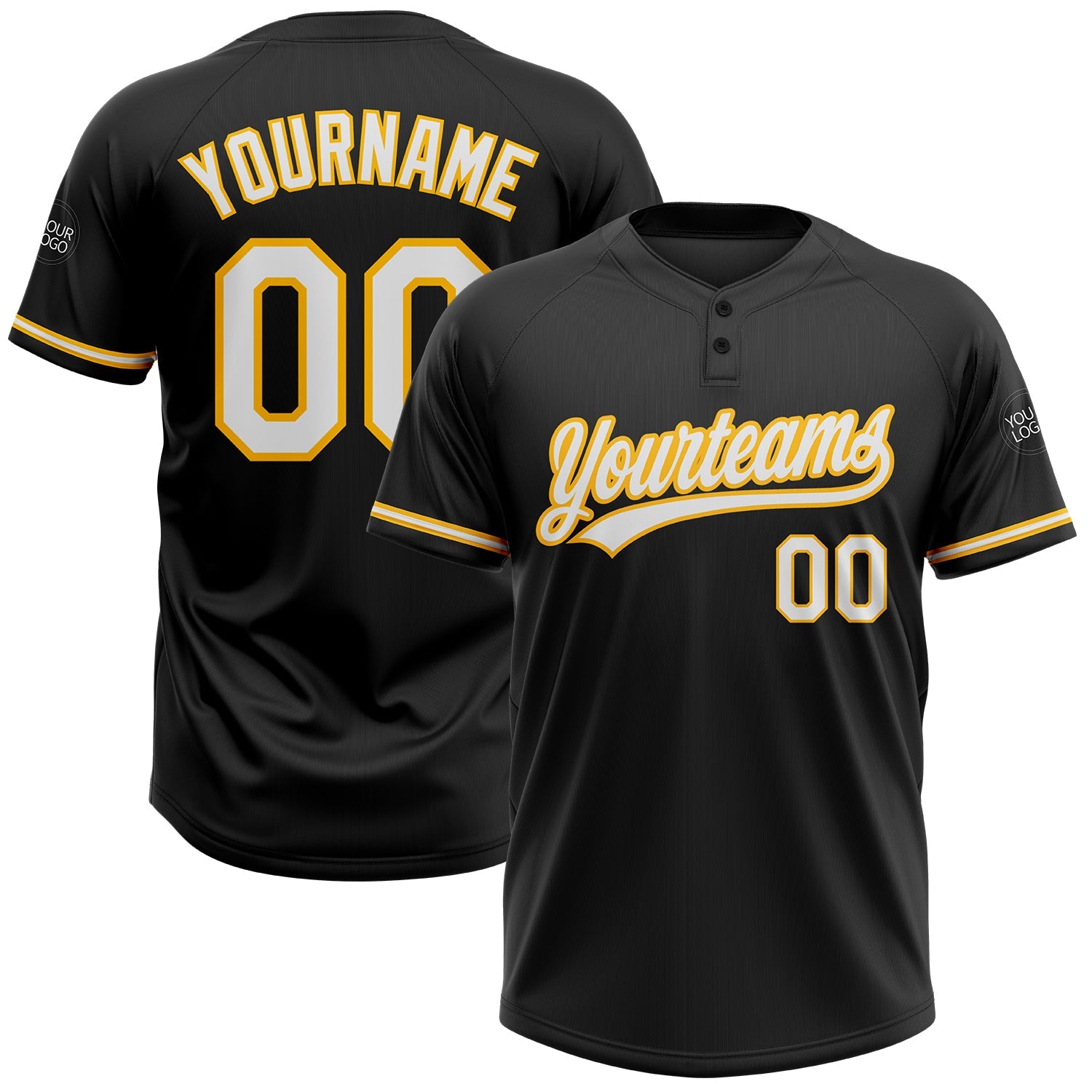 Custom Black White-Gold Two-Button Unisex Softball Jersey - Main View