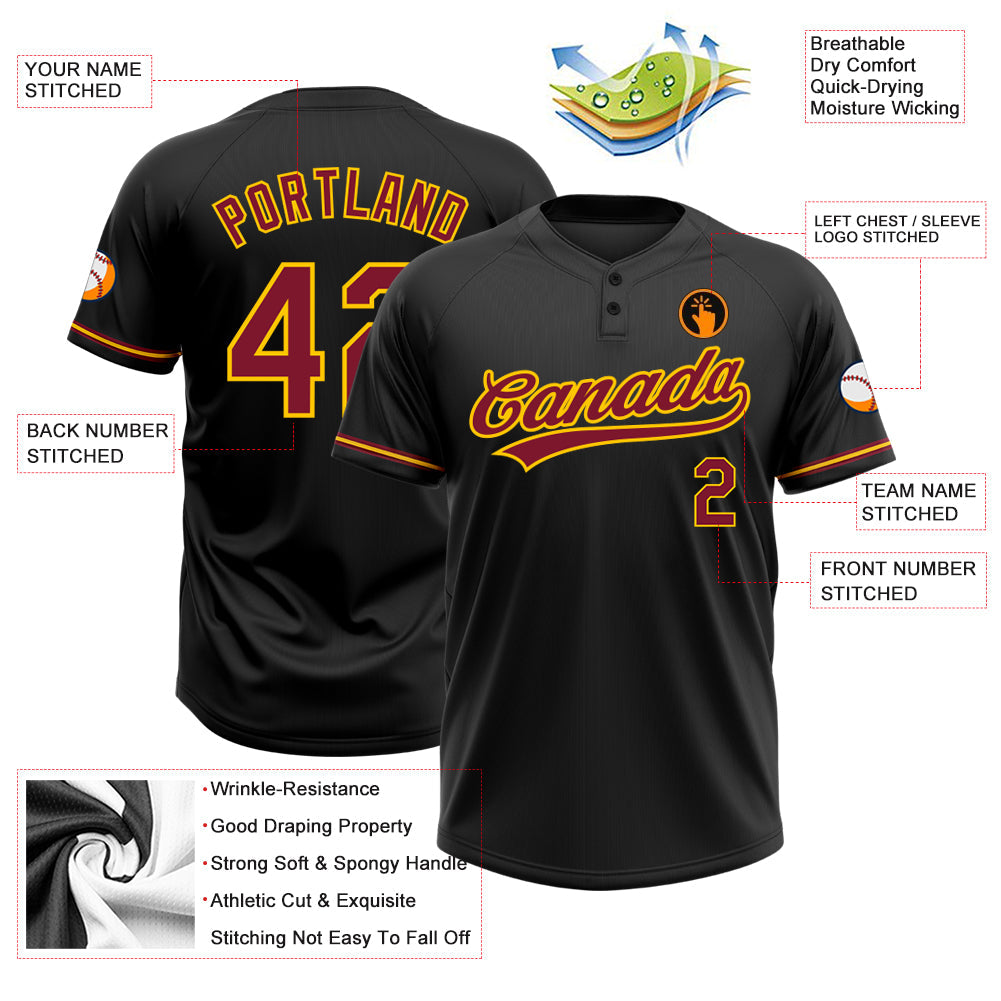 Custom Black Crimson-Yellow Two-Button Unisex Softball Jersey view 3