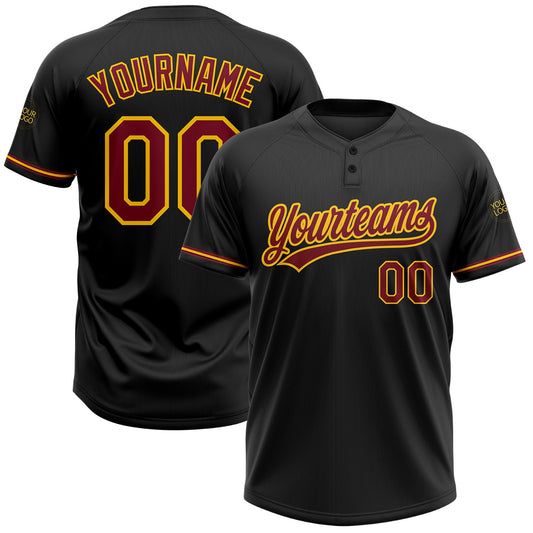 Custom Black Crimson-Yellow Two-Button Unisex Softball Jersey - Main View