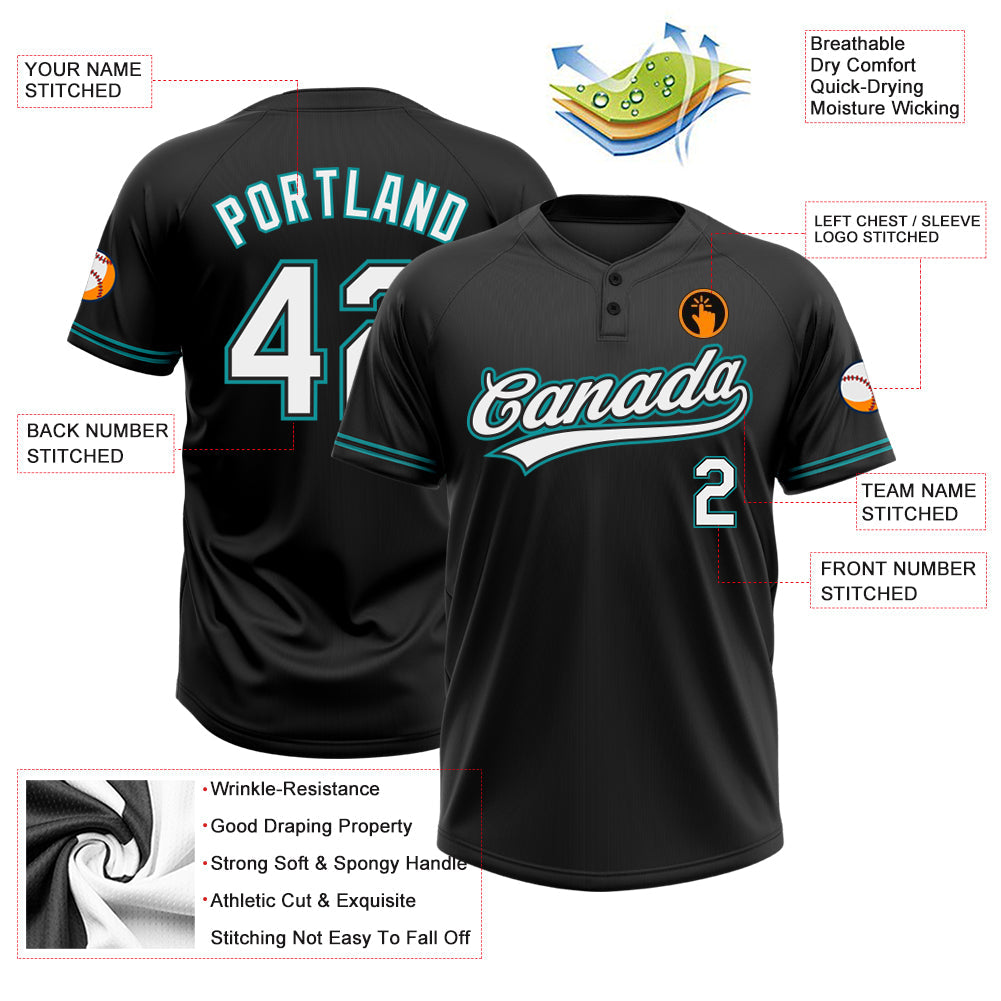 Custom Black White-Teal Two-Button Unisex Softball Jersey view 3