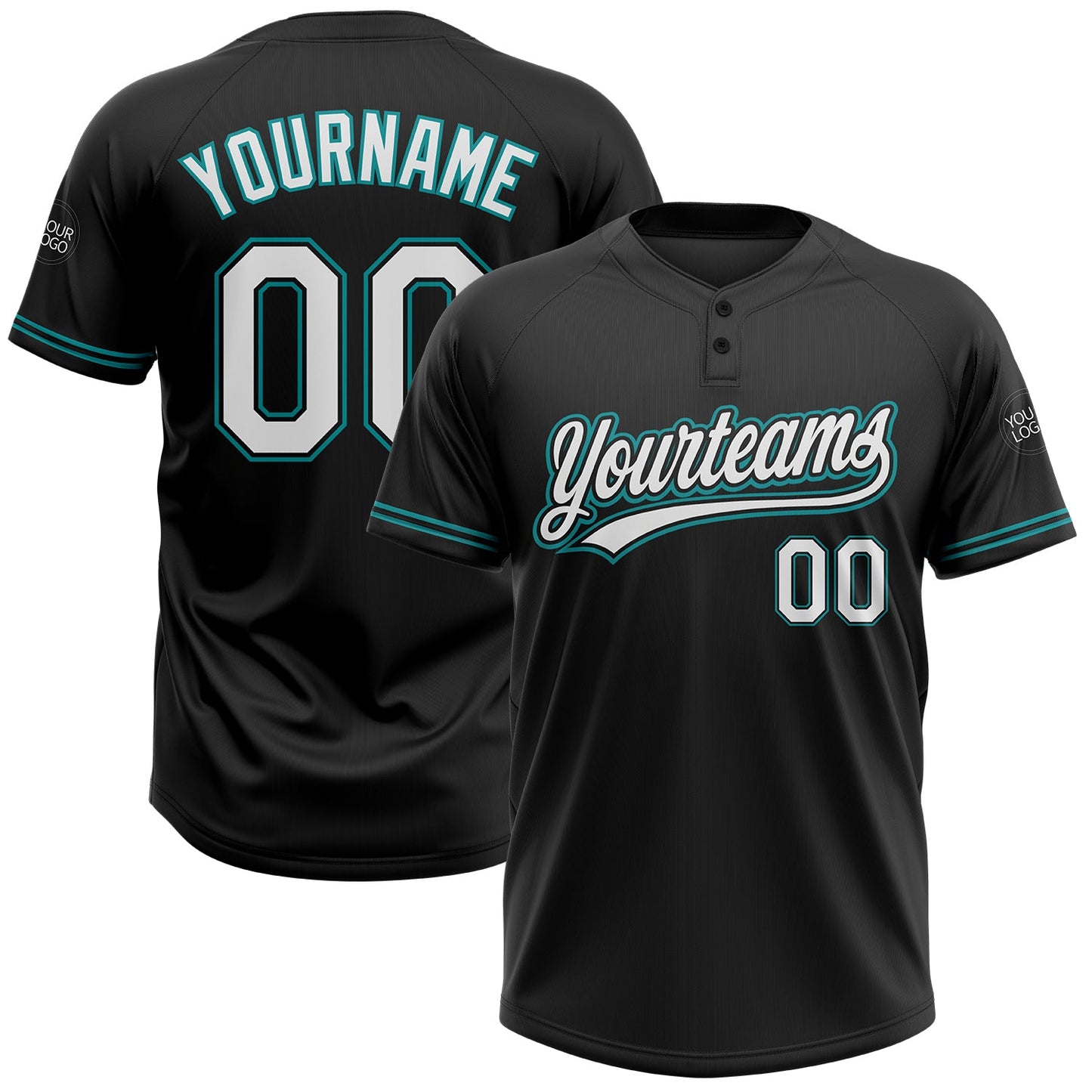Custom Black White-Teal Two-Button Unisex Softball Jersey - Main View