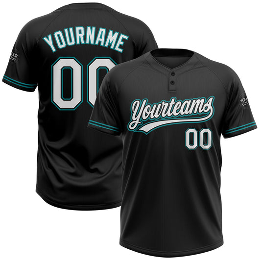Custom Black White-Teal Two-Button Unisex Softball Jersey - Main View