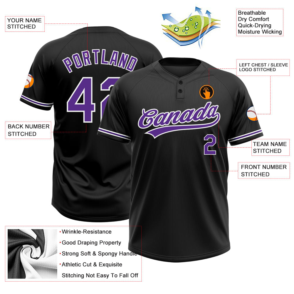 Custom Black Purple-White Two-Button Unisex Softball Jersey view 3