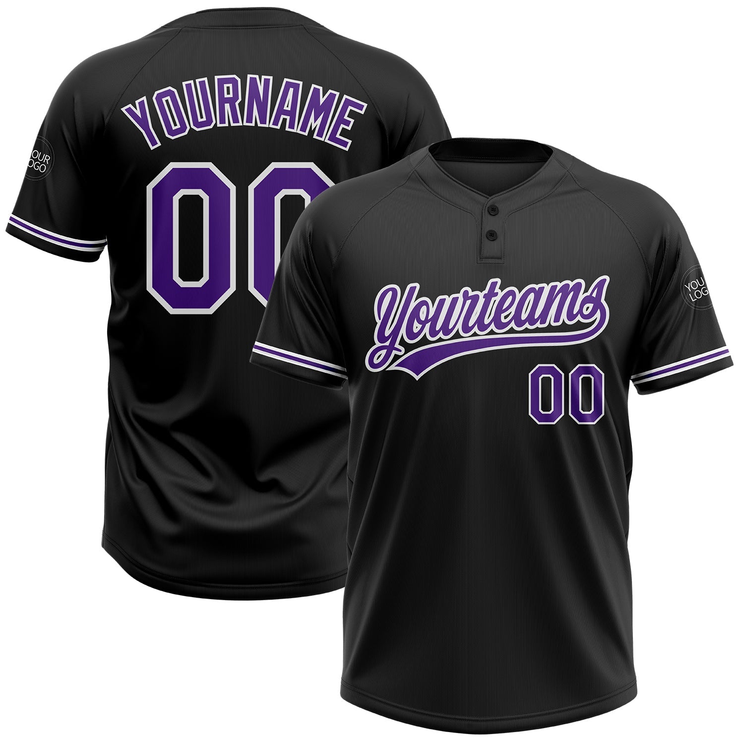 Custom Black Purple-White Two-Button Unisex Softball Jersey - Main View