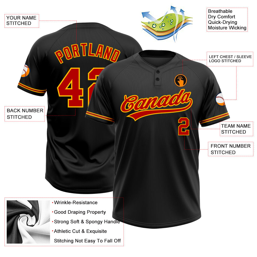 Custom Black Red-Gold Two-Button Unisex Softball Jersey view 3