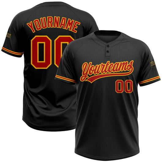 Custom Black Red-Gold Two-Button Unisex Softball Jersey - Main View