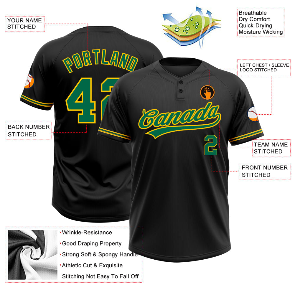 Custom Black Kelly Green-Yellow Two-Button Unisex Softball Jersey view 3